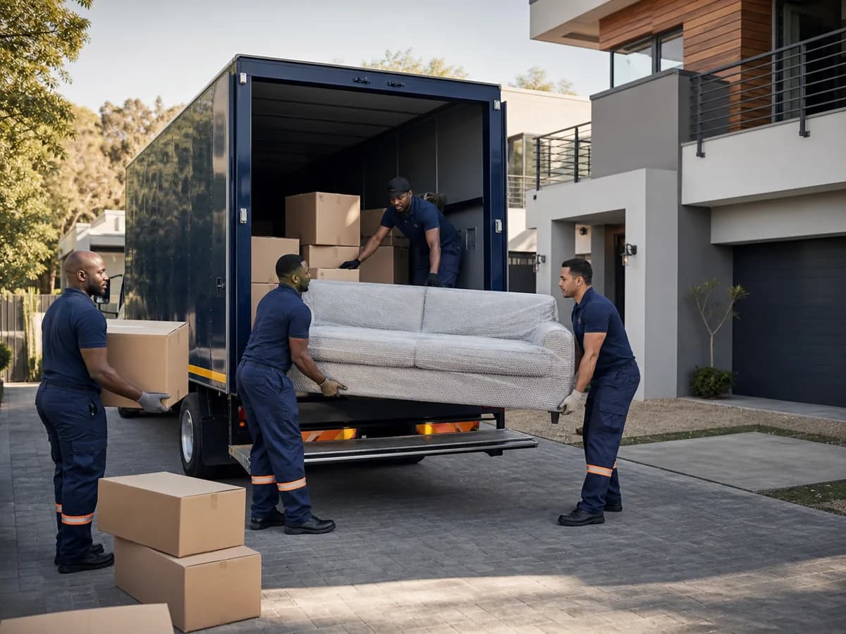 Professional team loading wrapped furniture
